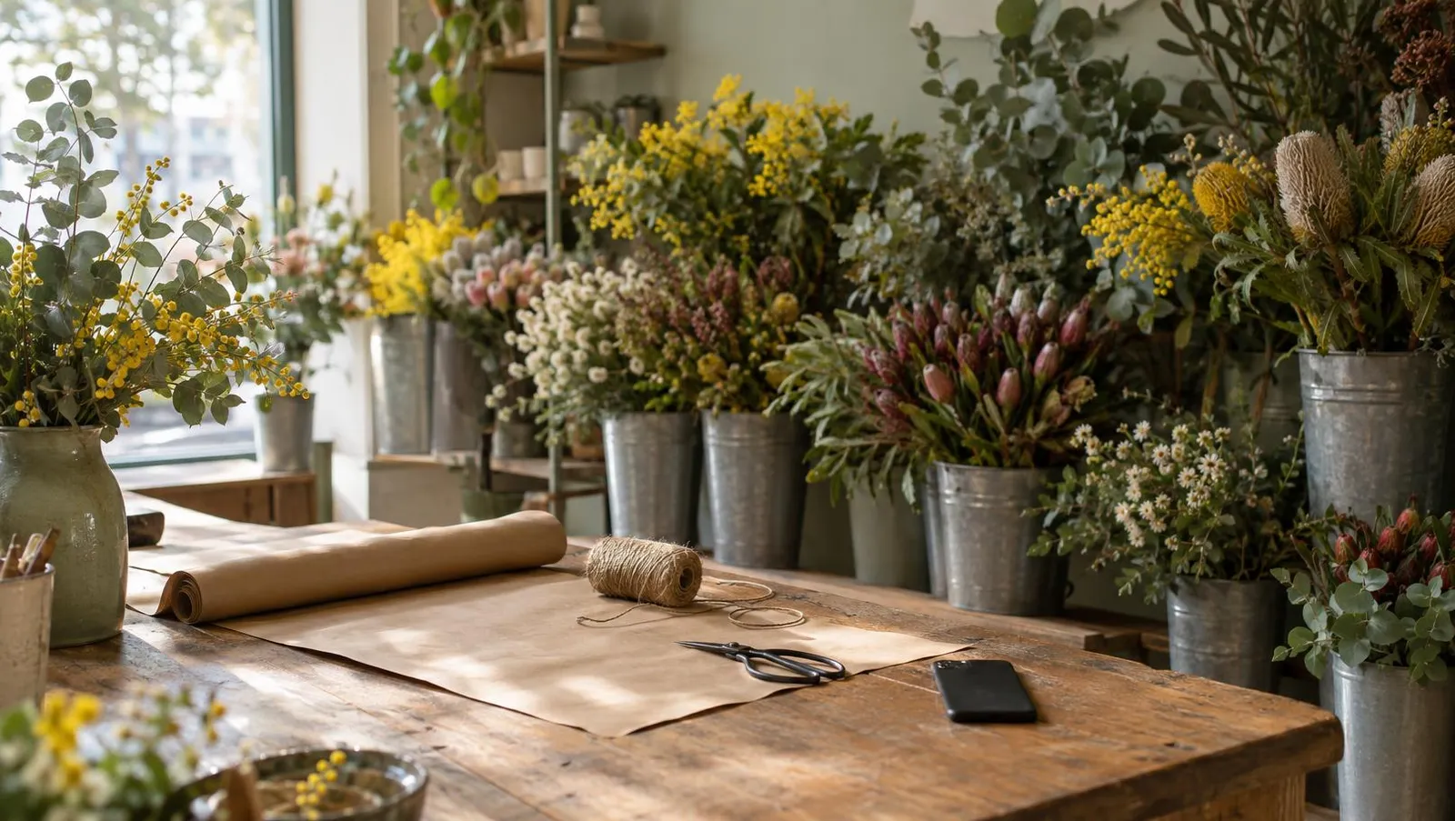 A florist's timber counter in early light, with paper, twine, scissors and buckets of native flowers behind.
