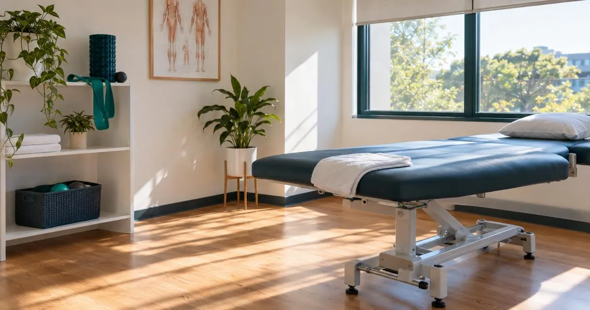 An empty physiotherapy treatment room in morning sun, with a treatment table, a resistance band and a foam roller.