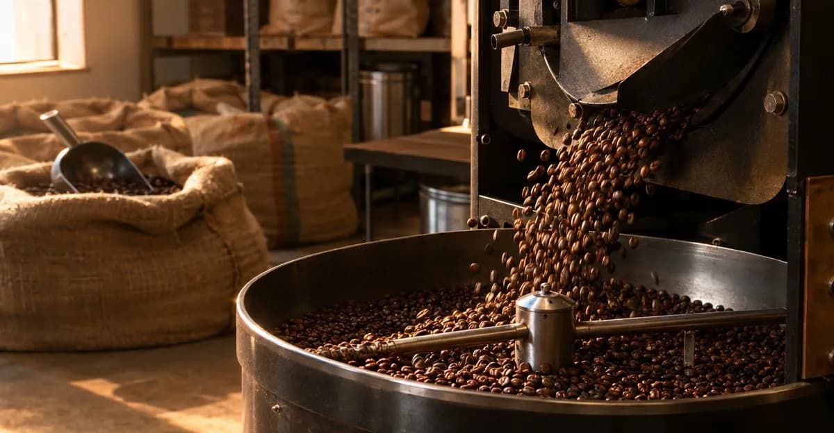 Freshly roasted coffee beans turning in a roaster's cooling tray in a small working roastery.